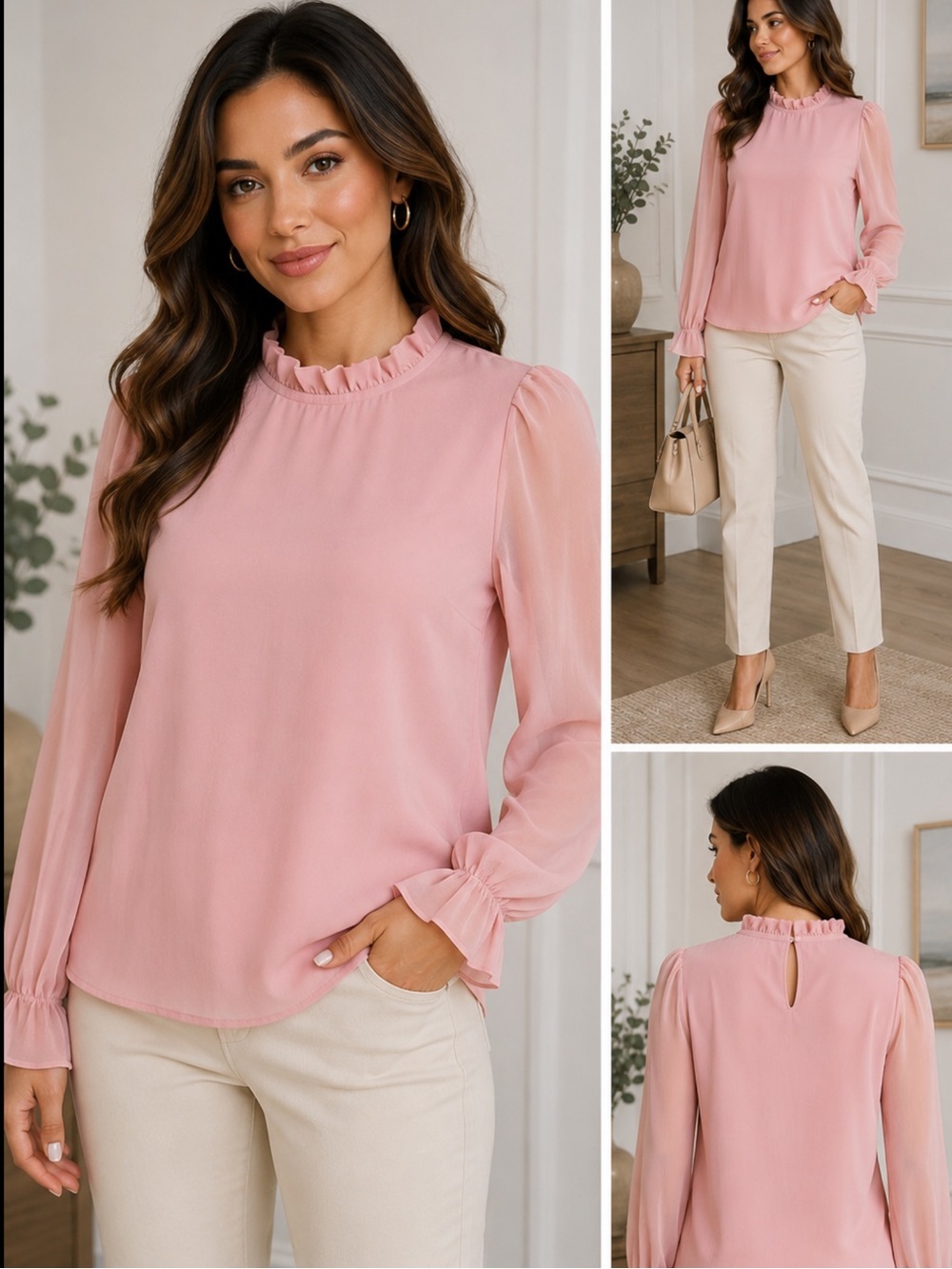 Aifer Women’s Blush Pink Ruffle Neck Blouse Long Sleeve Size M NWT